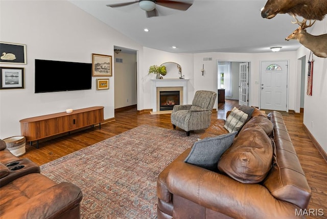 227 W Woodland Rdg, Valmeyer, IL 62295 - living area with wood finished floors, ceiling fan, recessed lighting, vaulted ceiling, and a fireplace with flush hearth
