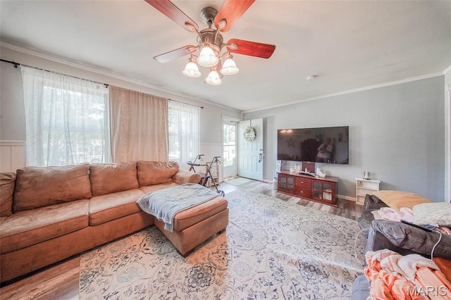 532 Christine St, St James, MO 65559 - living area featuring ornamental molding, ceiling fan, and wood finished floors