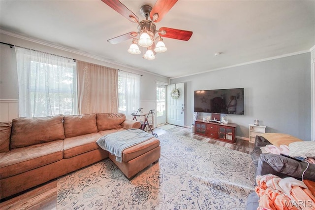 532 Christine St, St James, MO 65559 - living room with a ceiling fan, ornamental molding, and wood finished floors