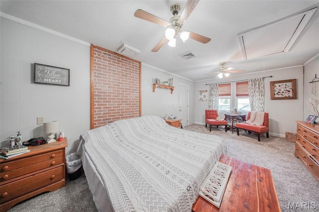 532 Christine St, St James, MO 65559 - bedroom featuring attic access, carpet floors, crown molding, and ceiling fan
