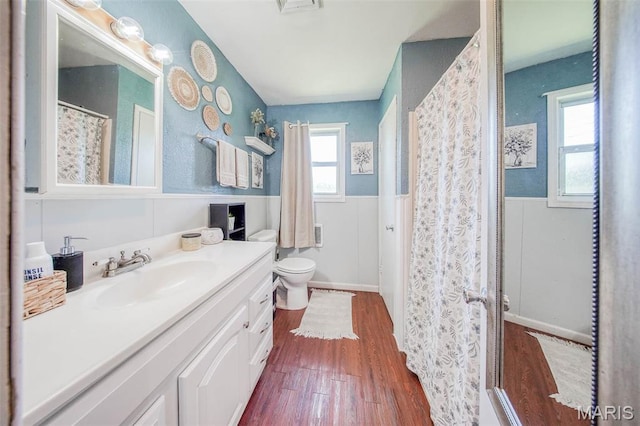 532 Christine St, St James, MO 65559 - bathroom featuring a wainscoted wall, vanity, wood finished floors, and a shower with shower curtain