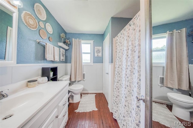 532 Christine St, St James, MO 65559 - full bath featuring wood finished floors, vanity, wainscoting, and a shower with shower curtain