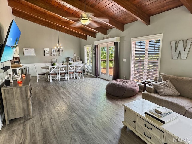 360 David Dr, Washington, MO 63090 - living area featuring wood ceiling, dark wood finished floors, a ceiling fan, and a chandelier