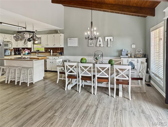 360 David Dr, Washington, MO 63090 - dining room with a wood ceiling with exposed beams, light wood-type flooring, a chandelier, and high vaulted ceiling