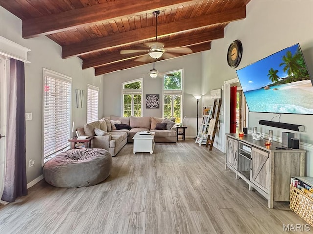 360 David Dr, Washington, MO 63090 - living room featuring a wood ceiling with exposed beams, ceiling fan, and wood finished floors