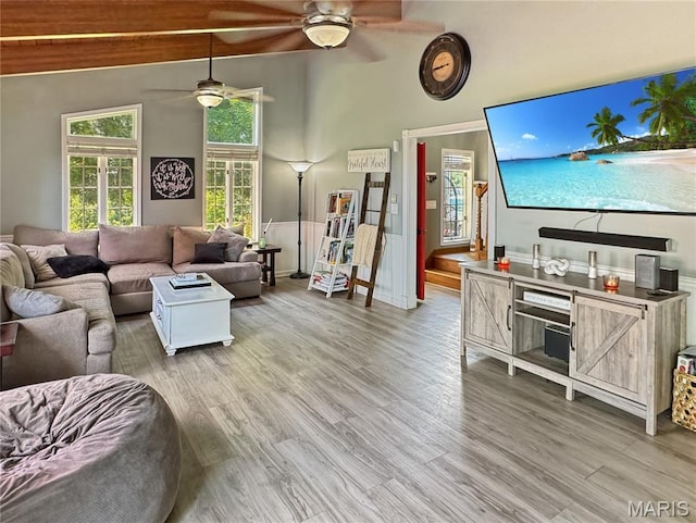 360 David Dr, Washington, MO 63090 - living area with a ceiling fan, light wood-type flooring, and high vaulted ceiling
