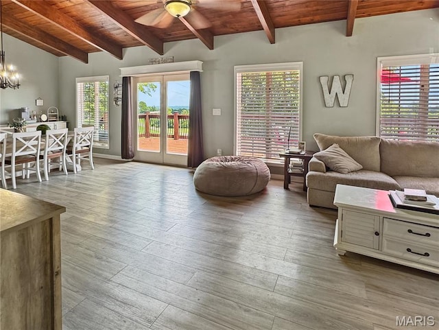 360 David Dr, Washington, MO 63090 - living area with ceiling fan, wood ceiling, wood-type flooring, and a chandelier