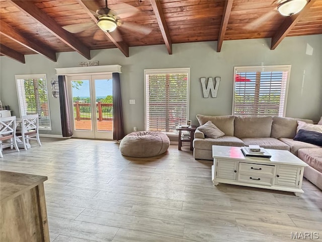 360 David Dr, Washington, MO 63090 - living area featuring a wooden ceiling with exposed beams, ceiling fan, and light wood-style floors
