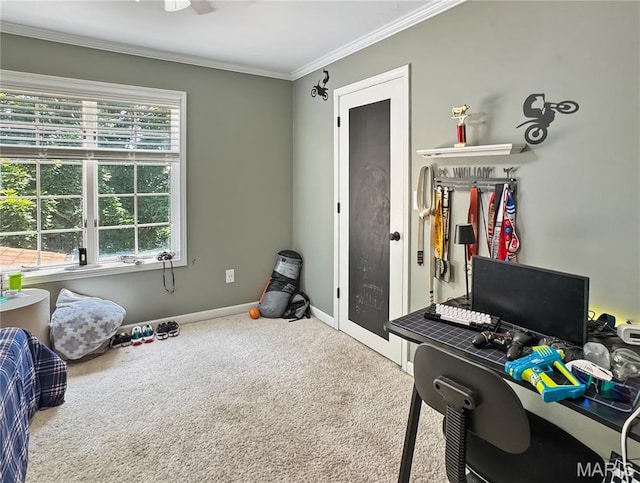 360 David Dr, Washington, MO 63090 - home office featuring carpet, crown molding, and ceiling fan