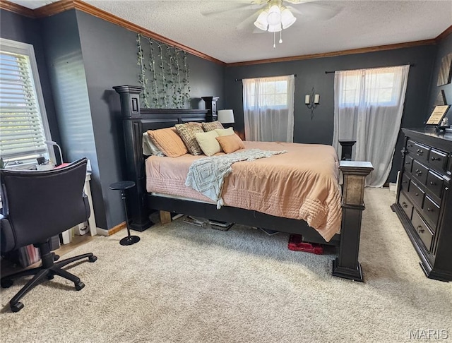 360 David Dr, Washington, MO 63090 - bedroom featuring crown molding, light colored carpet, a textured ceiling, and ceiling fan