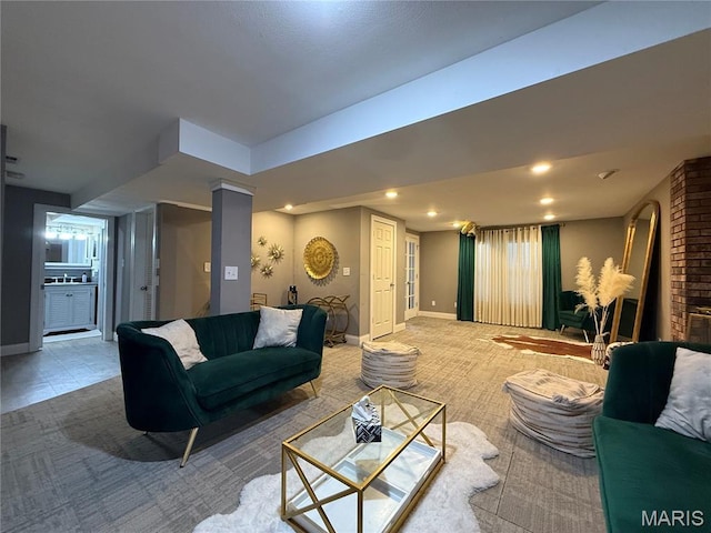 10755 Kennerly Rd, Sunset Hills, MO 63128 - living room featuring light colored carpet, ornate columns, and recessed lighting