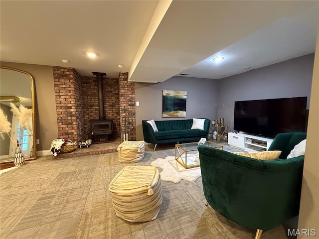 10755 Kennerly Rd, Sunset Hills, MO 63128 - carpeted living area with a wood stove and recessed lighting