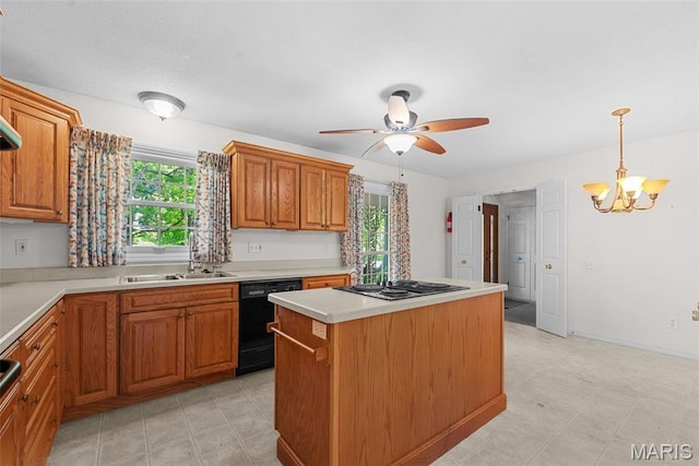 11894 Featherwood Dr, Creve Coeur Township, MO 63146 - kitchen featuring black appliances, a chandelier, light countertops, and a center island