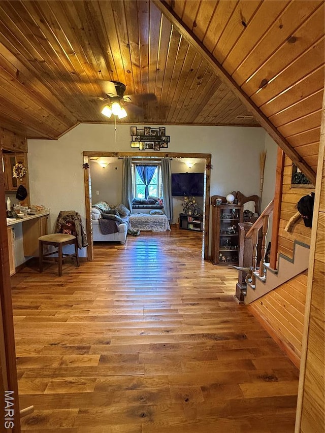 32 E 4th St, Gerald, MO 63037 - living room with wood ceiling, wood finished floors, stairs, vaulted ceiling, and ceiling fan