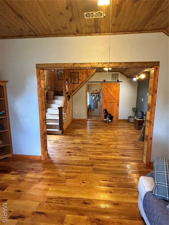32 E 4th St, Gerald, MO 63037 - unfurnished living room featuring wood ceiling, hardwood / wood-style floors, and ornamental molding