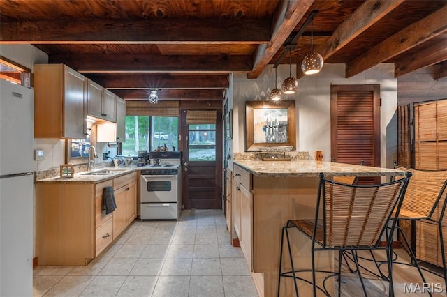 185 Hirshweg, Innsbrook, MO 63390 - kitchen featuring white appliances, a peninsula, a wood ceiling with exposed beams, light stone counters, and a kitchen bar