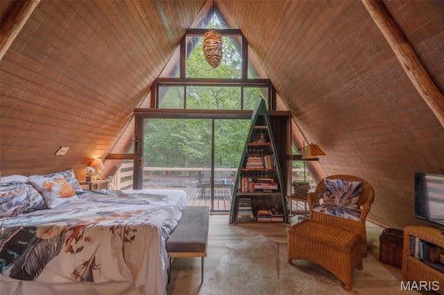 185 Hirshweg, Innsbrook, MO 63390 - bedroom featuring access to exterior, wood ceiling, wood finished floors, wood walls, and high vaulted ceiling