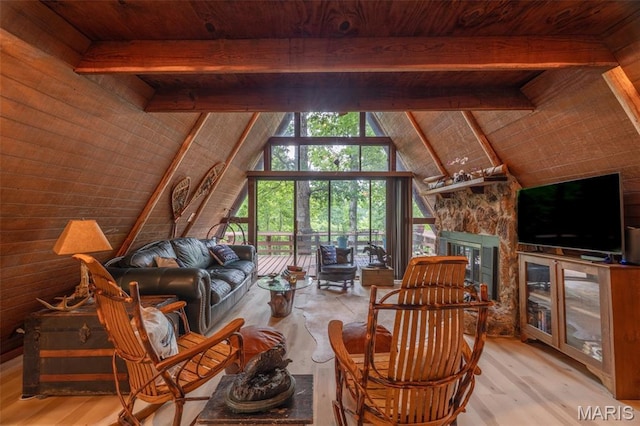 185 Hirshweg, Innsbrook, MO 63390 - living area featuring wood ceiling, wood finished floors, and a fireplace