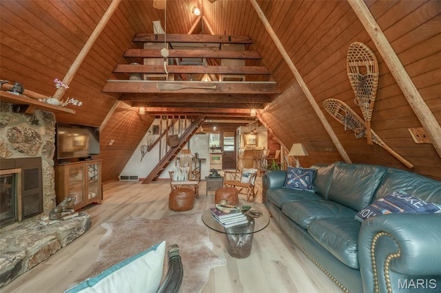 185 Hirshweg, Innsbrook, MO 63390 - living room featuring vaulted ceiling, stairs, wood finished floors, wooden walls, and wood ceiling