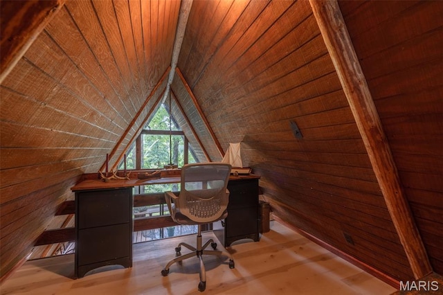 185 Hirshweg, Innsbrook, MO 63390 - office area featuring wooden ceiling, wooden walls, lofted ceiling, and wood finished floors