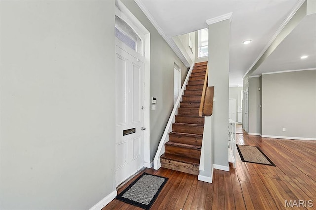 2610 Rutger St, Saint Louis, MO 63104 - stairs featuring wood-type flooring, crown molding, and recessed lighting