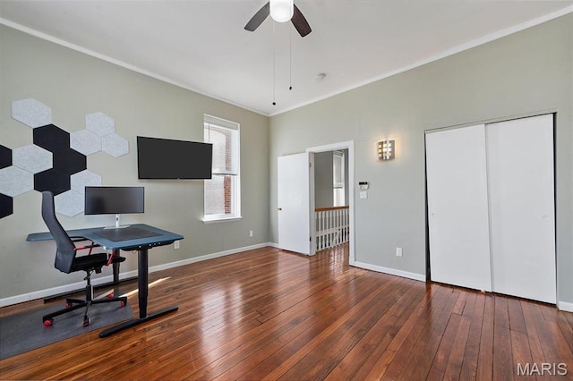 2610 Rutger St, Saint Louis, MO 63104 - office area featuring hardwood / wood-style floors, a ceiling fan, and ornamental molding