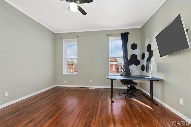 2610 Rutger St, Saint Louis, MO 63104 - unfurnished office featuring hardwood / wood-style flooring, ornamental molding, and a ceiling fan