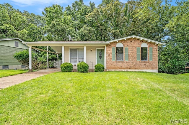1483 Noche Ct, Fenton, MO 63026 - ranch-style home with concrete driveway, a front lawn, brick siding, and an attached carport