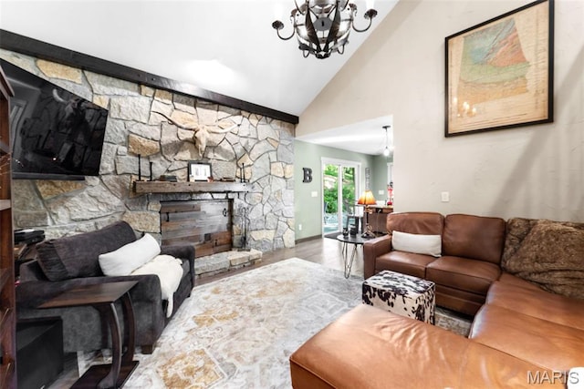 727 Madison Vly, Wildwood, MO 63005 - living room with a fireplace, lofted ceiling, wood finished floors, and a chandelier