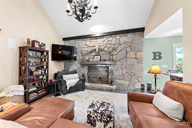 727 Madison Vly, Wildwood, MO 63005 - living area featuring vaulted ceiling, a fireplace, a chandelier, and wood finished floors