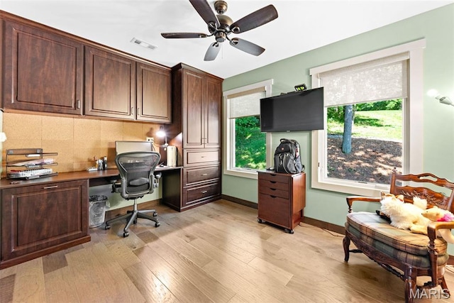727 Madison Vly, Wildwood, MO 63005 - home office with built in study area, ceiling fan, and light wood-type flooring