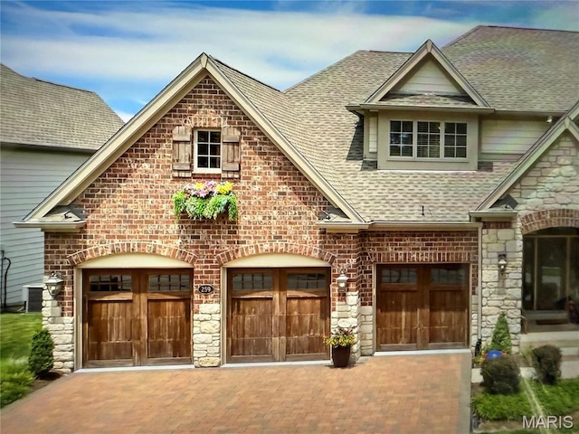 259 Meadowbrook Country Club Est, Ballwin, MO 63011 - view of front of home featuring a shingled roof, stone siding, decorative driveway, a garage, and brick siding