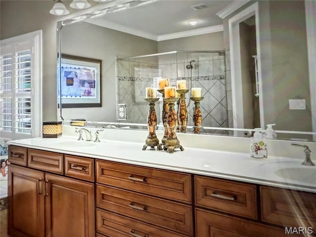259 Meadowbrook Country Club Est, Ballwin, MO 63011 - full bath with double vanity, a shower stall, and crown molding