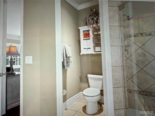 259 Meadowbrook Country Club Est, Ballwin, MO 63011 - bathroom featuring a tile shower, tile patterned flooring, and ornamental molding