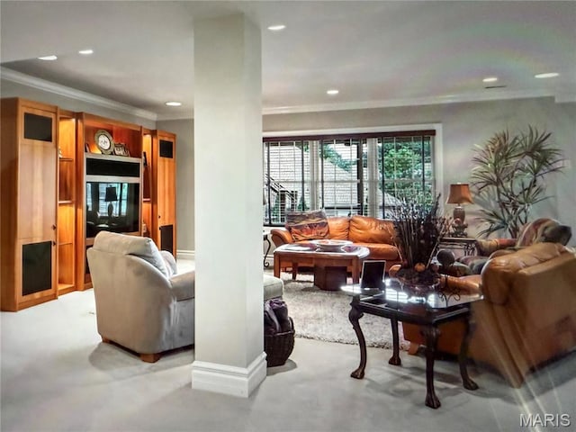 259 Meadowbrook Country Club Est, Ballwin, MO 63011 - living area with ornamental molding, recessed lighting, and light colored carpet