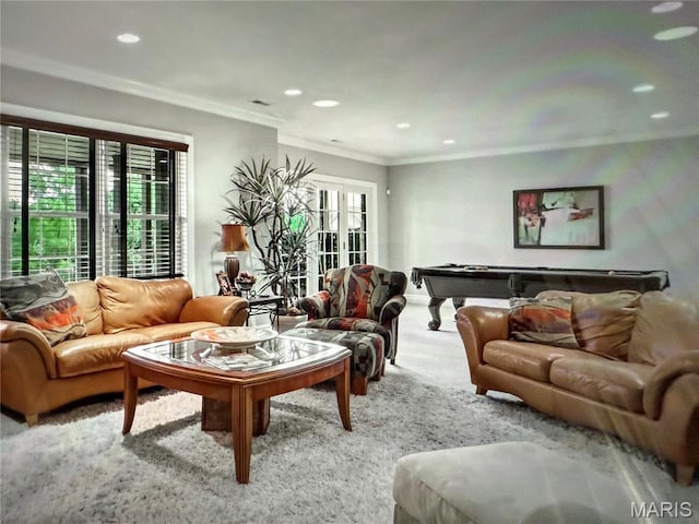 259 Meadowbrook Country Club Est, Ballwin, MO 63011 - living area featuring carpet floors, billiards, crown molding, recessed lighting, and french doors