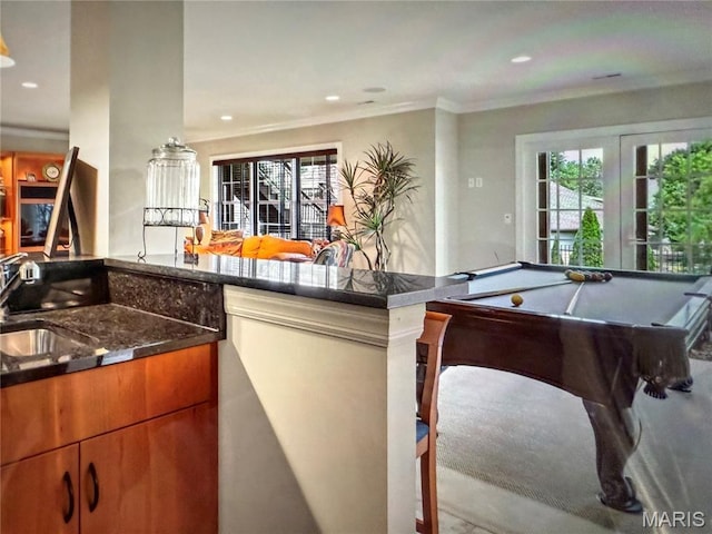 259 Meadowbrook Country Club Est, Ballwin, MO 63011 - kitchen with crown molding, pool table, recessed lighting, and brown cabinetry
