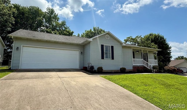 826 Birdie Ln, Jackson, MO 63755 - ranch-style house with concrete driveway, a front lawn, a garage, and a porch