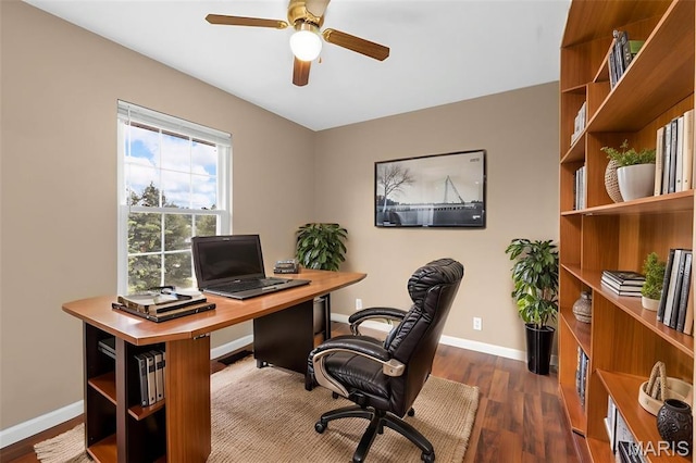 148 Castlewood Dr, Troy, MO 63379 - office with dark wood finished floors and ceiling fan