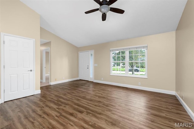 148 Castlewood Dr, Troy, MO 63379 - unfurnished living room featuring lofted ceiling, a ceiling fan, and wood finished floors