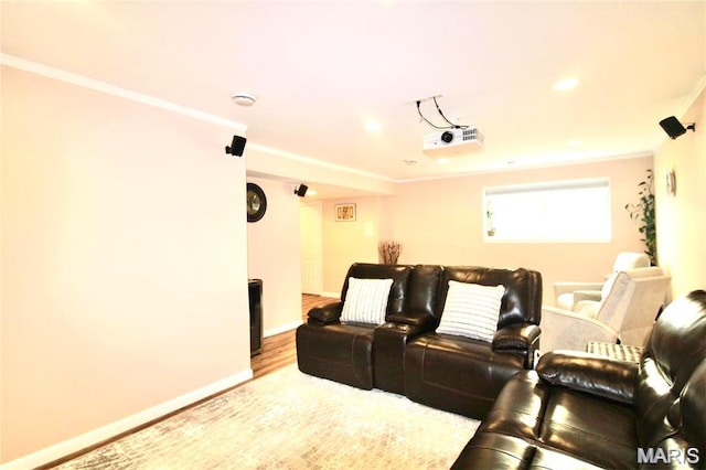 1001 Windsor Crest Ct, Cottleville, MO 63376 - cinema with wood finished floors, ornamental molding, and recessed lighting