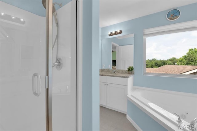 1001 Windsor Crest Ct, Cottleville, MO 63376 - bathroom featuring a stall shower, vanity, and a bath