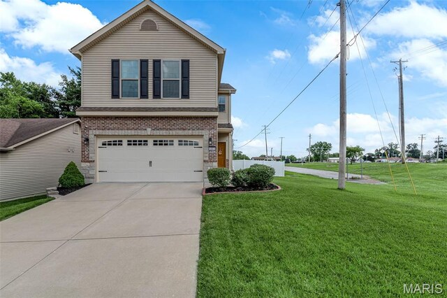 1001 Windsor Crest Ct, Cottleville, MO 63376 - view of front of property with a garage, brick siding, driveway, a front lawn, and stone siding