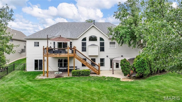 105 Cypress Meadows Dr, Wentzville, MO 63385 - rear view of house featuring a wooden deck, stairs, a patio area, and a shingled roof