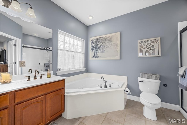 105 Cypress Meadows Dr, Wentzville, MO 63385 - bathroom with vanity, a bath, a shower stall, and tile patterned floors