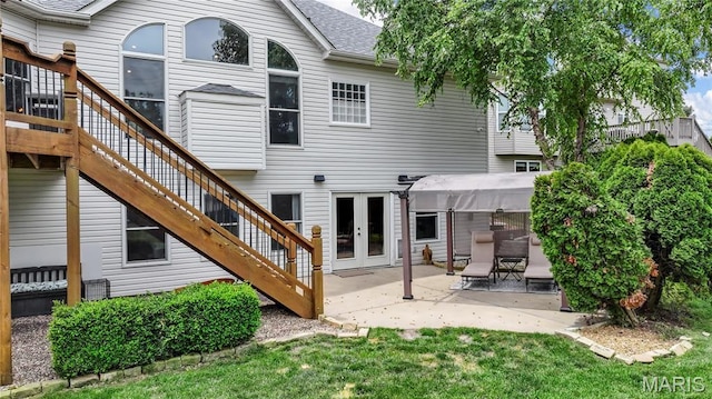 105 Cypress Meadows Dr, Wentzville, MO 63385 - rear view of property with stairs, a shingled roof, a patio area, a gazebo, and french doors