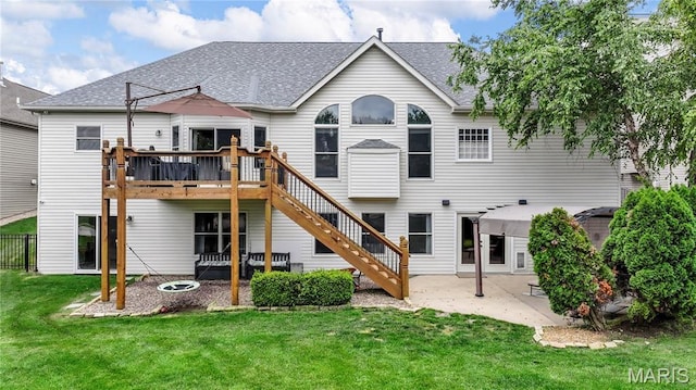 105 Cypress Meadows Dr, Wentzville, MO 63385 - rear view of house featuring a patio area, a wooden deck, stairs, a yard, and a shingled roof