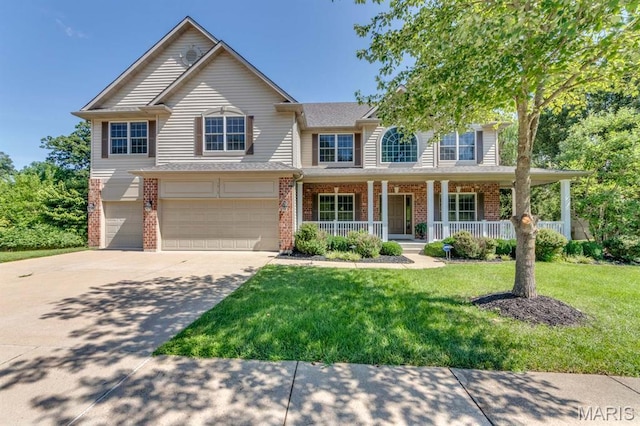 1515 Dietrich Glen Dr, Ballwin, MO 63021 - view of front of home featuring brick siding, a porch, an attached garage, driveway, and a front yard