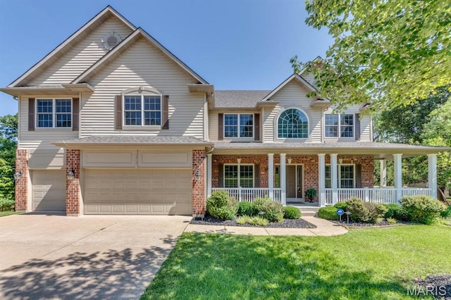 1515 Dietrich Glen Dr, Ballwin, MO 63021 - traditional-style house with brick siding, concrete driveway, covered porch, a front yard, and an attached garage