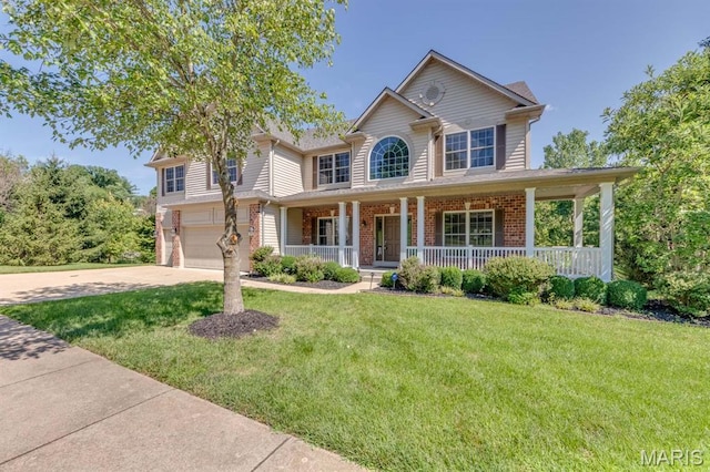 1515 Dietrich Glen Dr, Ballwin, MO 63021 - view of front of home featuring covered porch, brick siding, driveway, and a garage